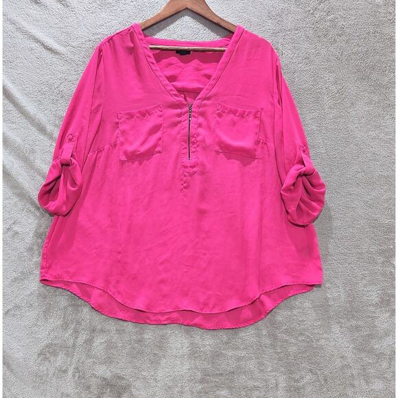 Torrid Hot Pink Harper Georgette Zip Front 3/4 Sleeve Pullover Blouse Size 2X - Picture 1 of 13